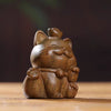 Wooden Lucky Cat Figurine with Ingot Desk Decor