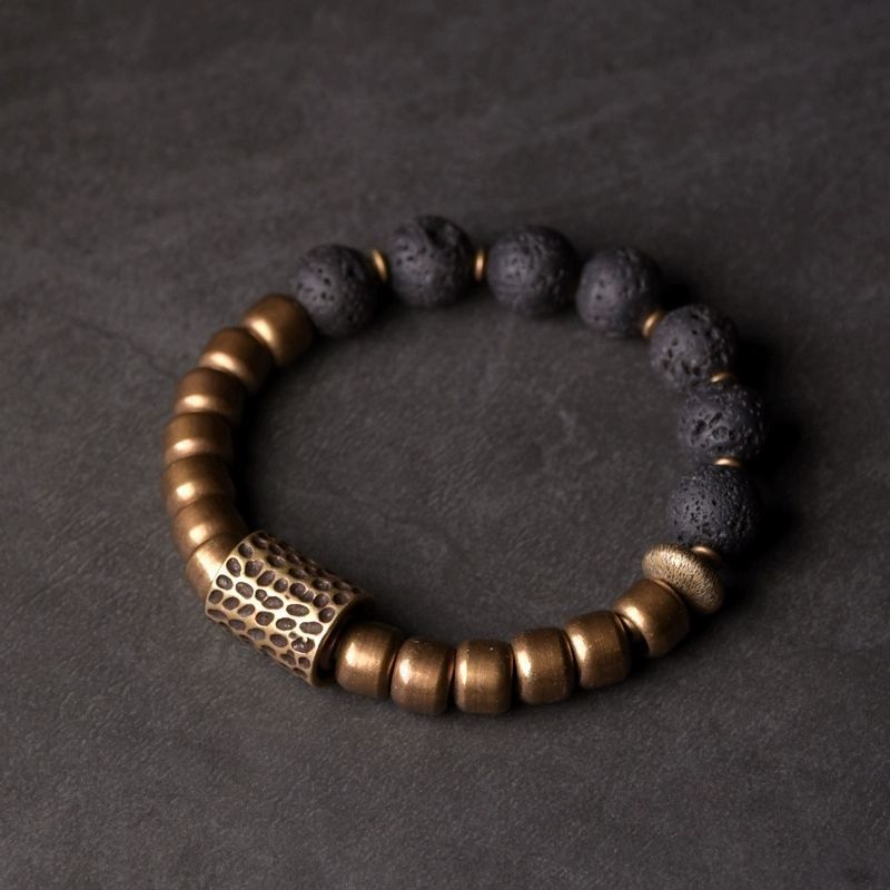 Men's Gold-Tone Alloy Bracelet with Dark Stone Beads
