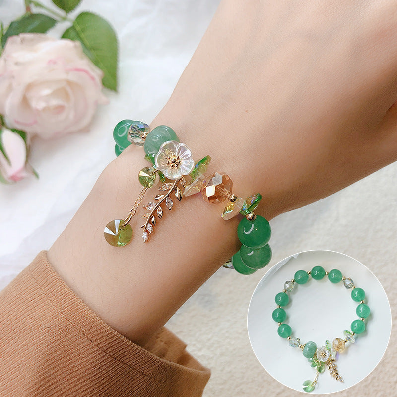 Crystal Flower Bracelet with Leaf Charm