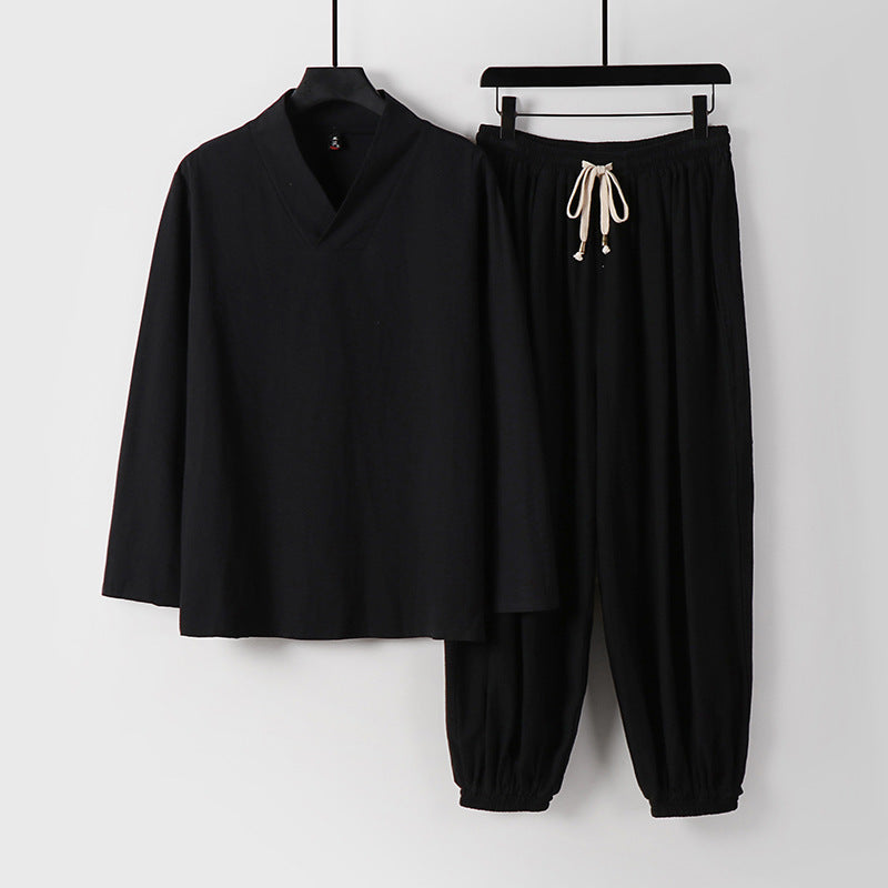 Men's Meditation Cloth Linen Set Long Sleeve T-shirt Pants