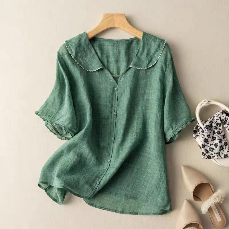 Women's Casual Linen Shirt Short Sleeve Middy Collar Button Top
