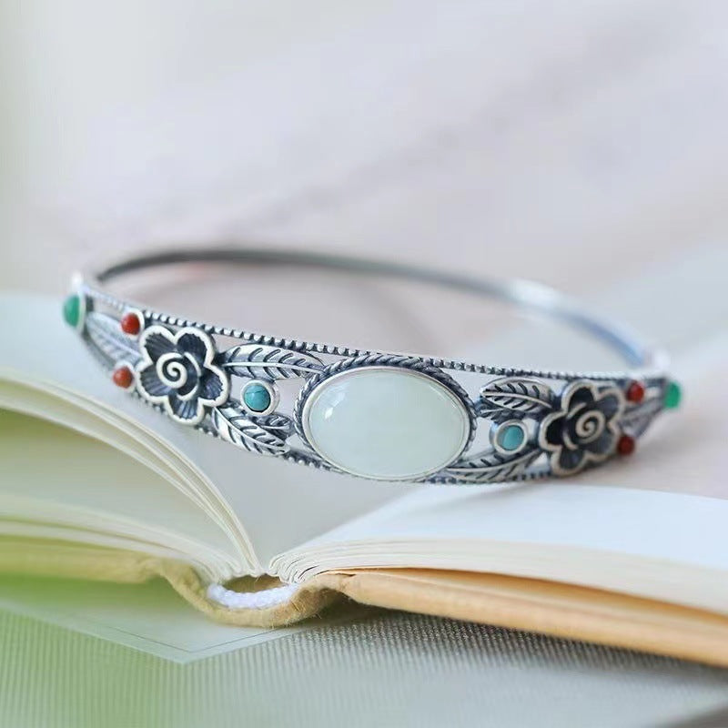 Jade Flower Leaf Harmony Luck Bracelet Bangle