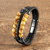 Men's Stone Bead Leather Bracelet, Stainless Steel Clasp