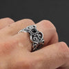 Adjustable Copper Ring with Floral Pattern and Black Stone