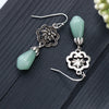 Magnolia Flower Water Drop Dangle Earrings, Silver Tone with Faux Jade