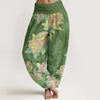 Green floral print women's harem pants with elastic waist