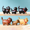 Carved Wood Cat Figurine with Bell - Cute Animal Desk Decoration