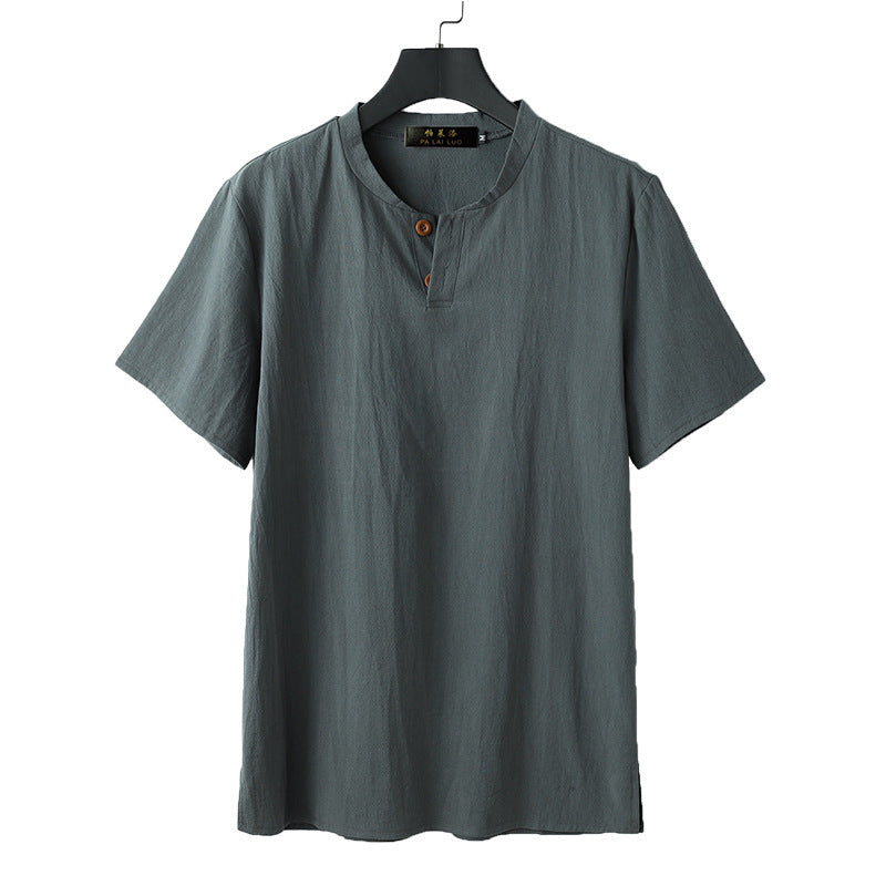 Men's Linen Blend Short Sleeve Shirt Loose Notched Neck Top