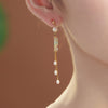 Long drop earring with rectangular stone and pearl chain on silver post