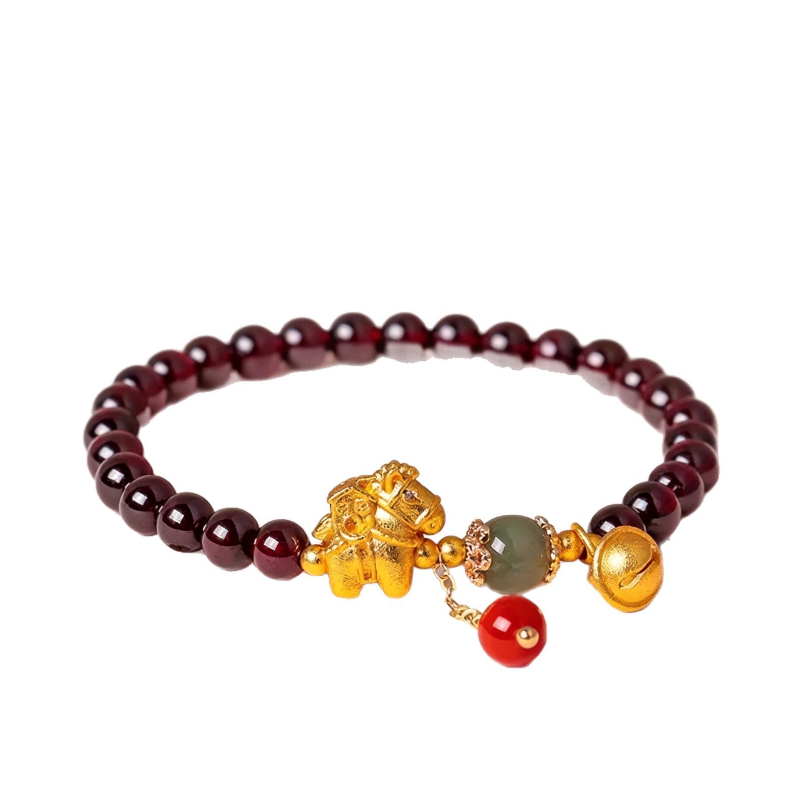 Close up of a wrist wearing a dark red beaded bracelet with a gold horse charm