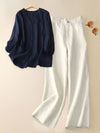 Women's Linen-Blend V-Neck Shirt and Wide Leg Pants Set