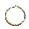 A close-up view of a multi-colored hand-braided rope bracelet with a small bead accent on a white background