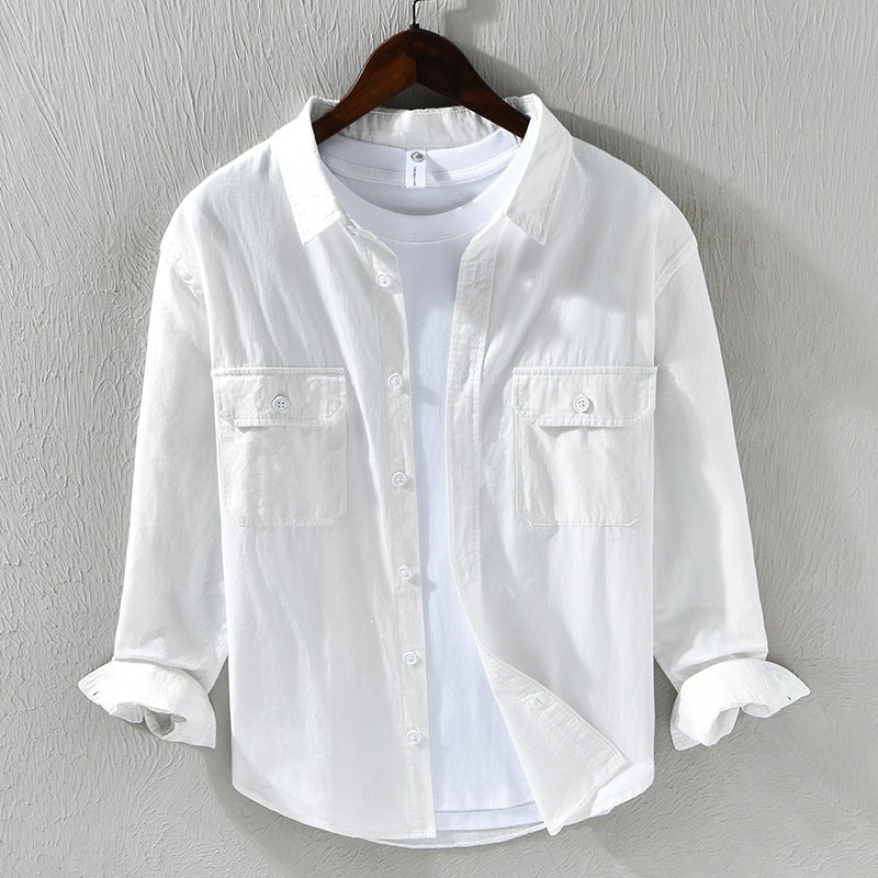 Men's Long Sleeve Turn-down Collar With Pocket Pure Color Casual Cotton Shirt