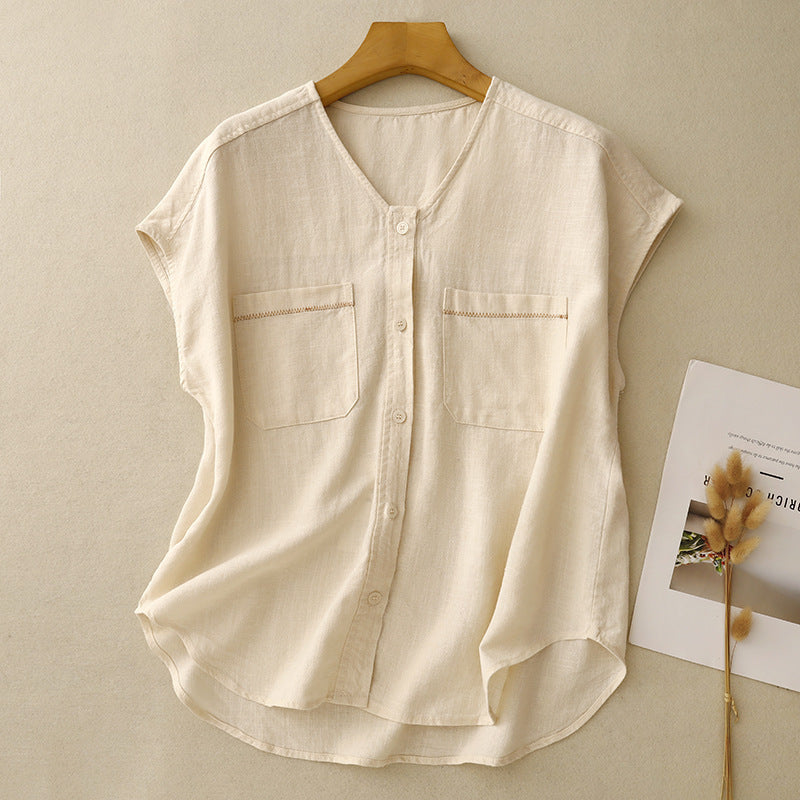 Women's Sleeveless Shirts Summer Cotton Linen Button-Up V-Neck Tank Top