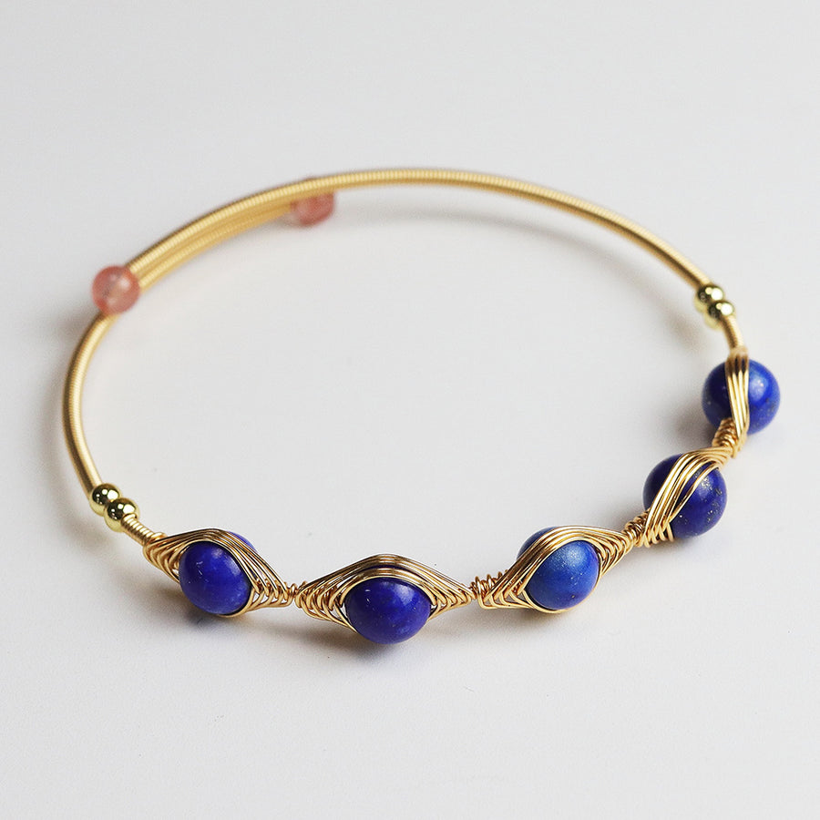 Gold-Tone Wire Wrapped Gemstone Bead Bangle Bracelet