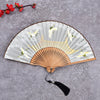 Vintage Handheld Folding Fan With Bamboo Frames And Crane Art