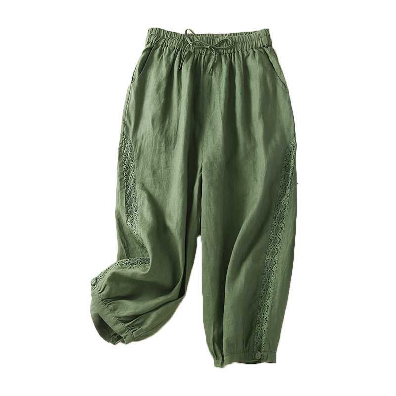 Green wide leg cotton linen capri pants with side detail