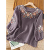 Cotton Linen Embroidered T-shirt Women's Crew Neck Three Quarter Sleeve Top
