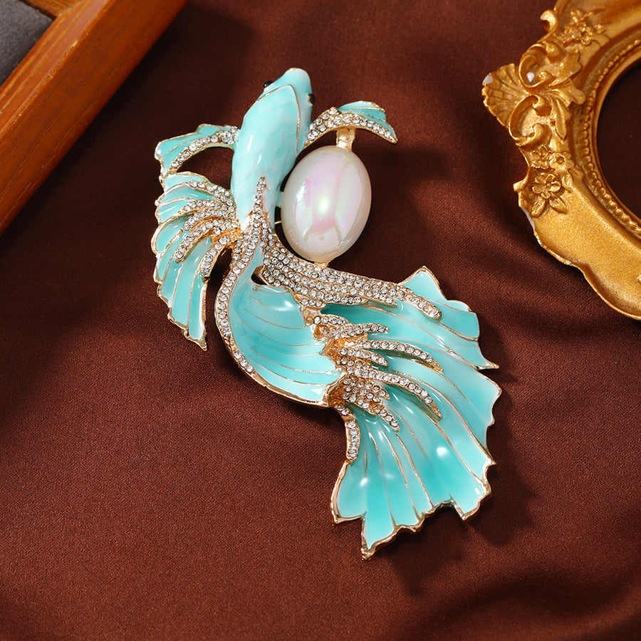 Vintage Enamel Fish Brooch with Faux Pearl