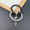 Black White Stone Couple Bracelet Set with Cross Charm
