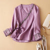 Embroidered Linen Wrap Top with Floral Trim
