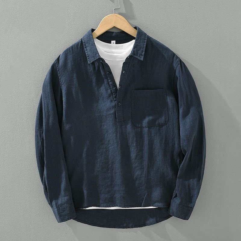 Men's Loose Long Sleeve Linen Shirt Solid Color Half Button