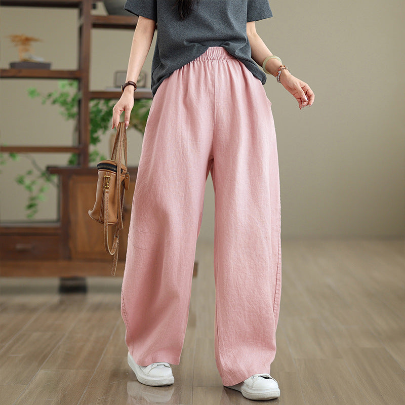Women's Wide Leg Pants Cotton Linen Blend With Pockets