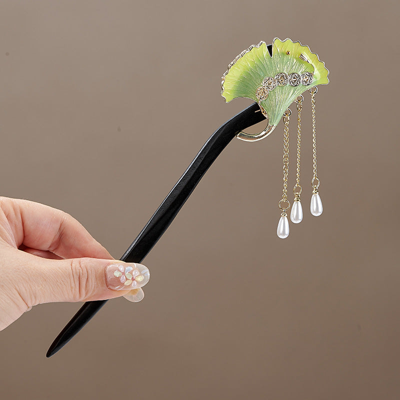 Wooden Floral Hairpin with Tassel, Vintage Style Hair Stick