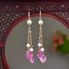 Long Drop Earrings with Floral Charm and Faux Pearl
