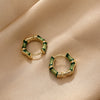 Bamboo Hoop Earrings, Green Enamel and Gold-Tone Copper