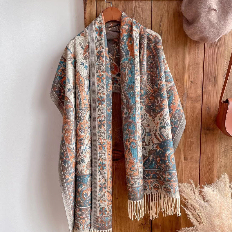 Tibetan Shawl Wrap with Cashew Flower Vine Pattern and Tassels