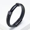 Black braided leather bracelet with a polished stone bar and metal clasp