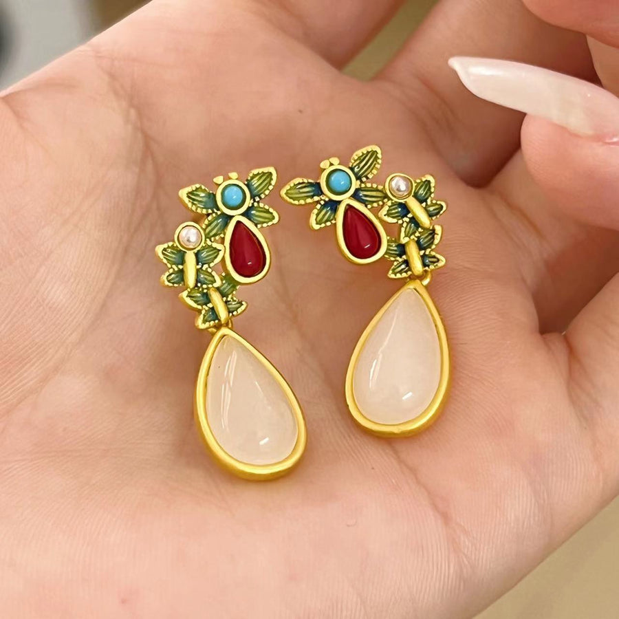Butterfly Drop Earrings with Faux Jade and Red Accents
