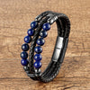 Men's Stone Bead Leather Bracelet, Stainless Steel Clasp