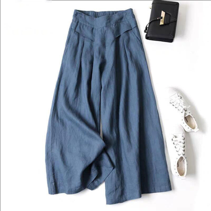 Women's Wide Leg Pants Cotton Linen High Waist Trousers With Pockets
