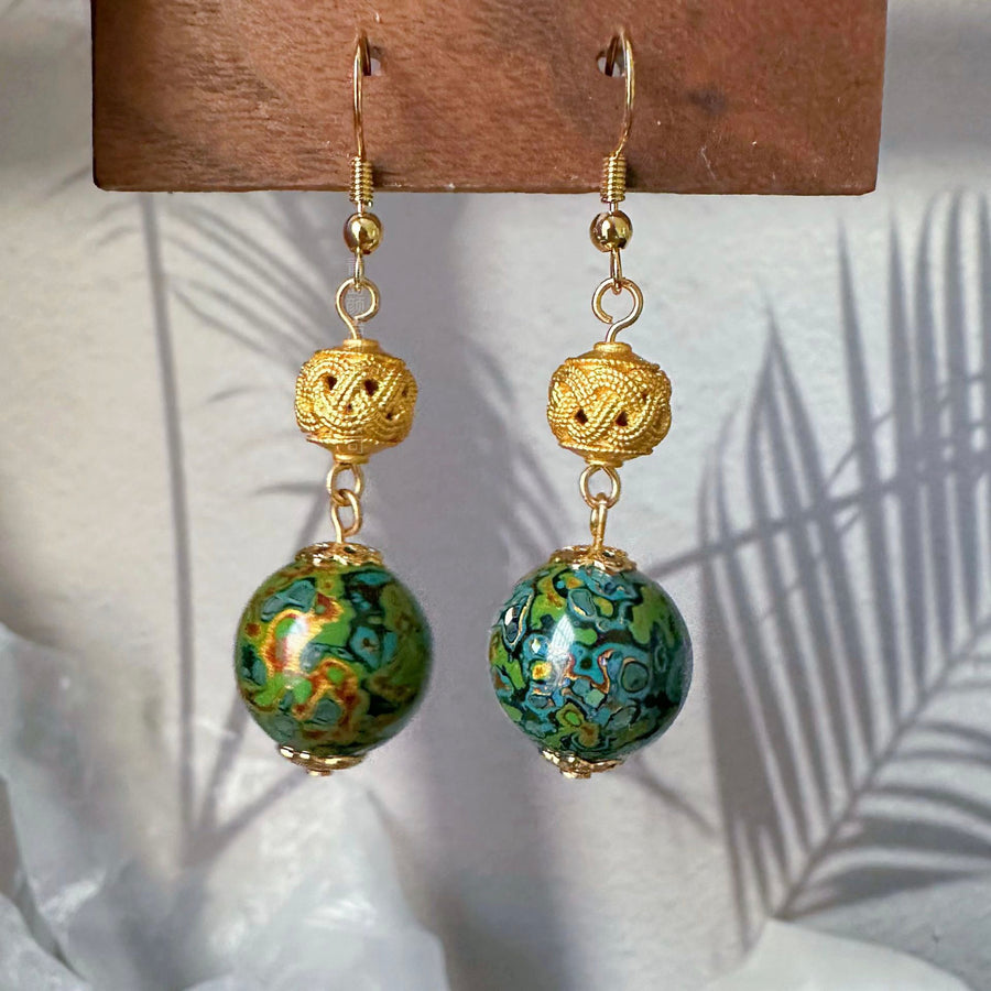 Vintage Gold Enamel Beaded Drop Earrings